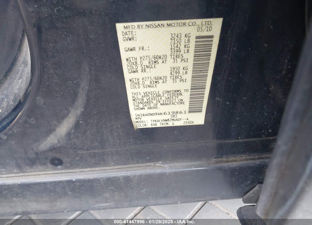 2010 NISSAN ARMADA VIN: 5N1BA0ND9AN619861