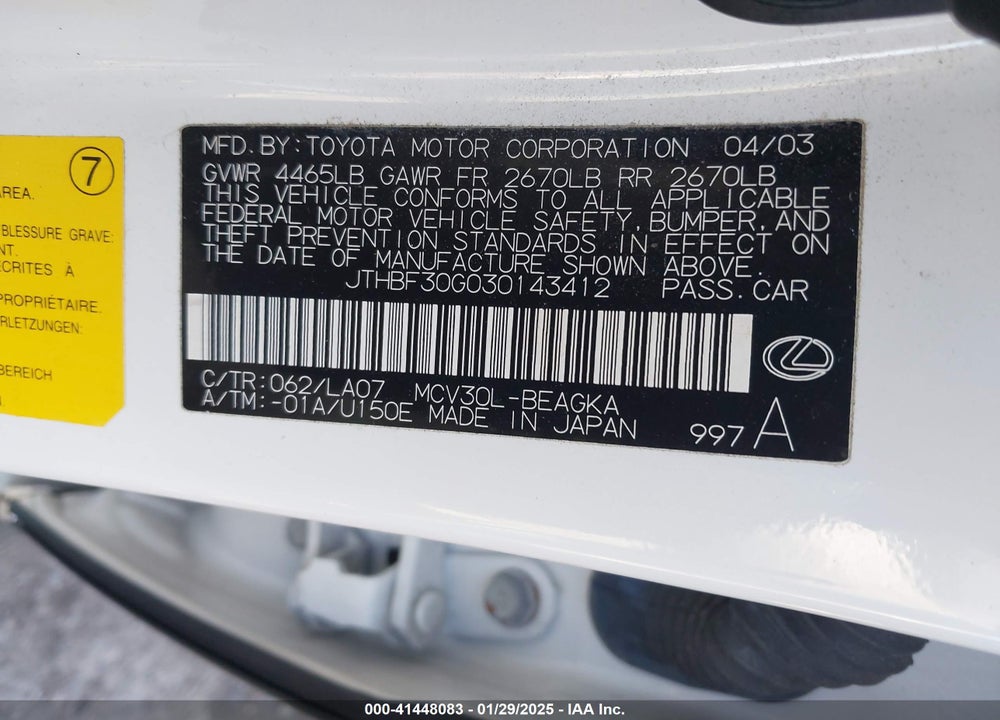 2003 LEXUS ES 300 VIN: JTHBF30G030143412