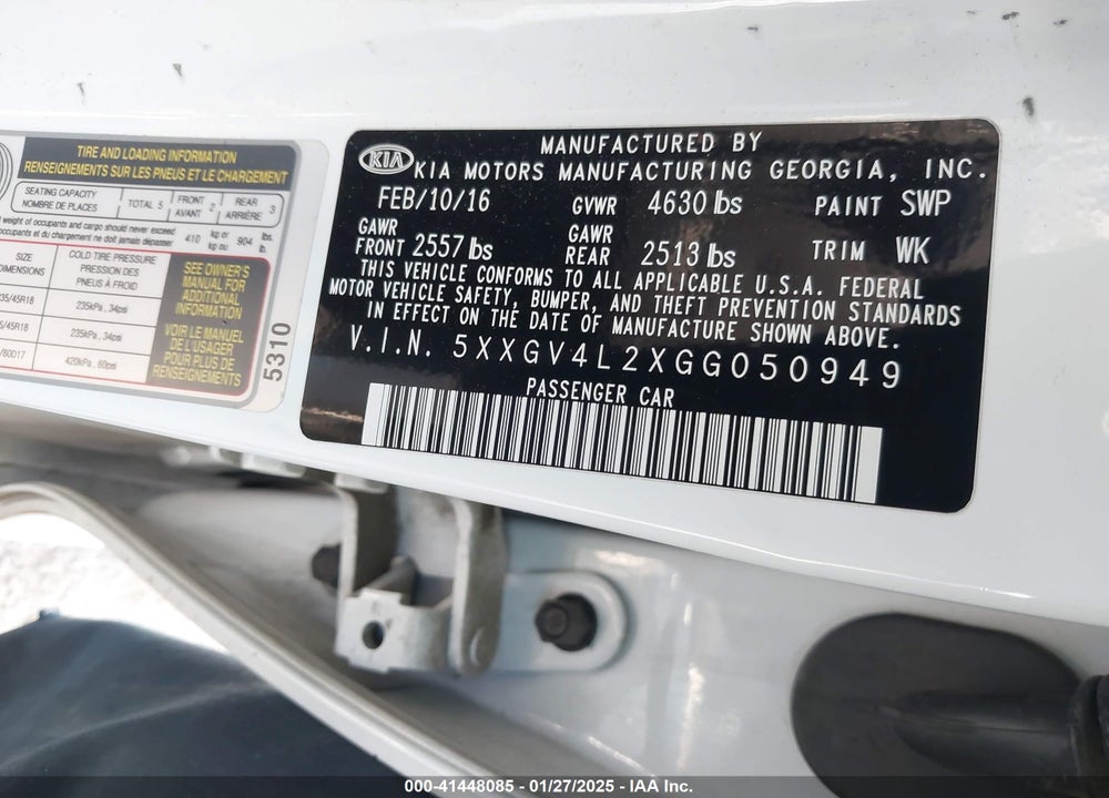 2016 KIA OPTIMA VIN: 5XXGV4L2XGG050949