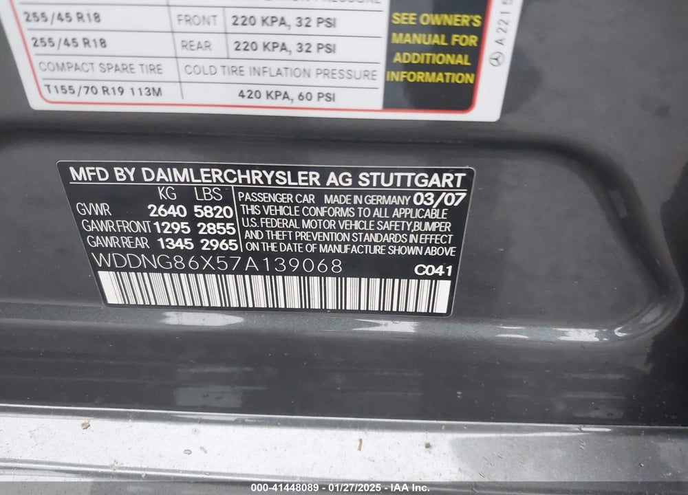 2007 MERCEDES-BENZ S 550 4MATIC VIN: WDDNG86X57A139068