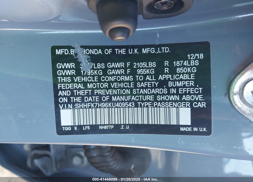 2019 HONDA CIVIC VIN: SHHFK7H96KU409543
