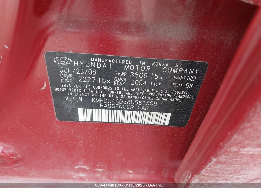 2008 HYUNDAI ELANTRA GLS/SE VIN: KMHDU46D38U561509