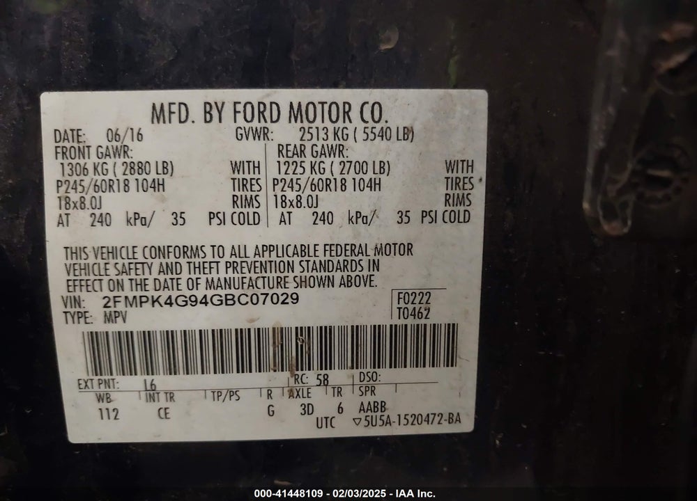 2016 FORD EDGE VIN: 2FMPK4G94GBC07029