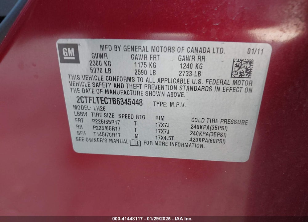 2011 GMC TERRAIN SLE-2 VIN: 2CTFLTEC7B6345448