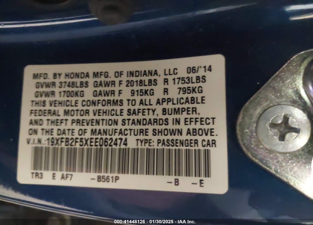 2014 HONDA CIVIC VIN: 19XFB2F5XEE062474