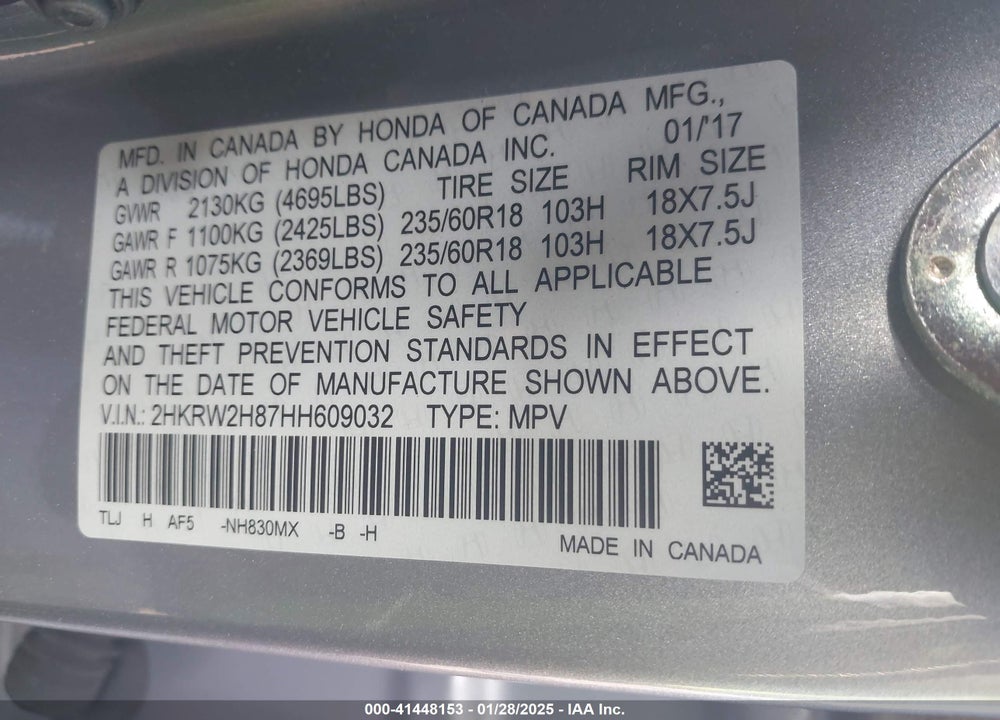 2017 HONDA CR-V EX-L/EX-L NAVI VIN: 2HKRW2H87HH609032