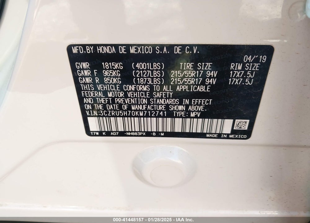 2019 HONDA HR-V EX-L VIN: 3CZRU5H70KM712741