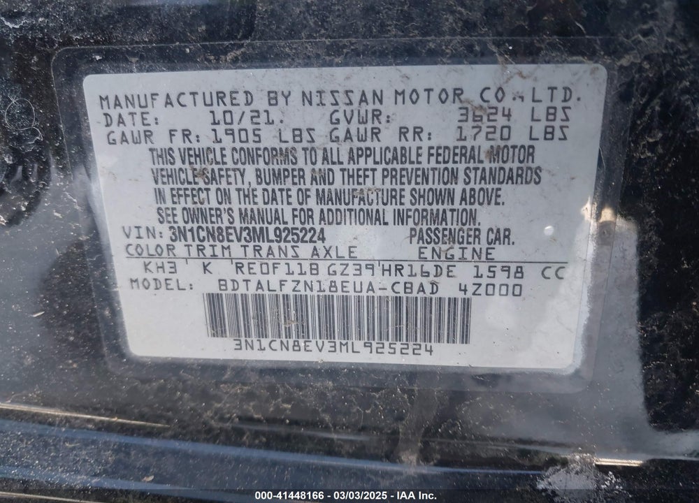 2021 NISSAN VERSA VIN: 3N1CN8EV3ML925224