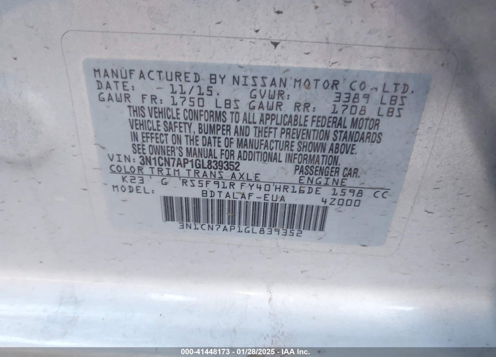 2016 NISSAN VERSA VIN: 3N1CN7AP1GL839352