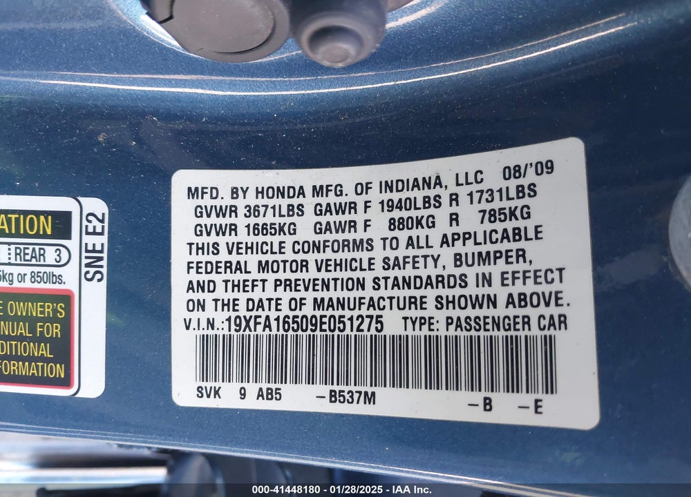 2009 HONDA CIVIC LX VIN: 19XFA16509E051275