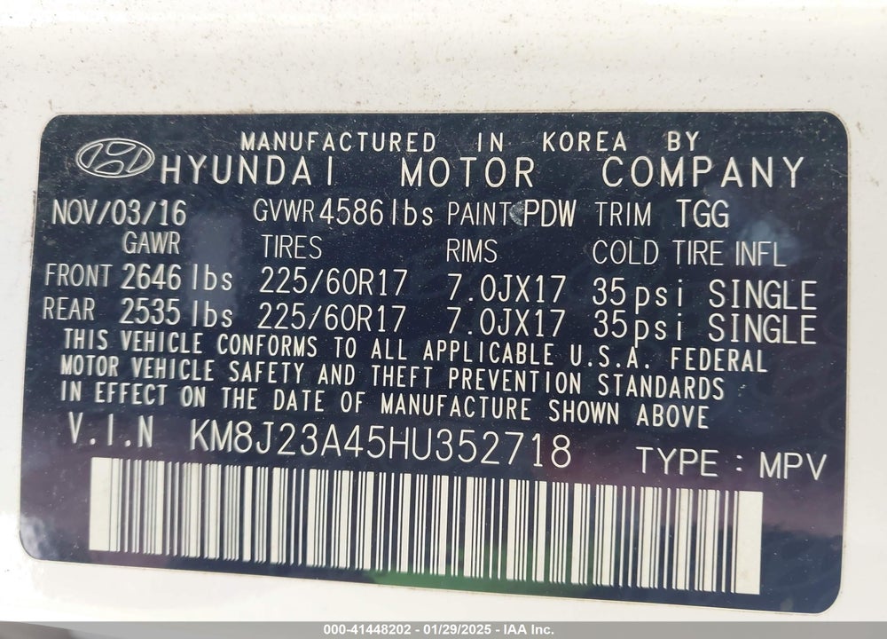 2017 HYUNDAI TUCSON SE VIN: KM8J23A45HU352718