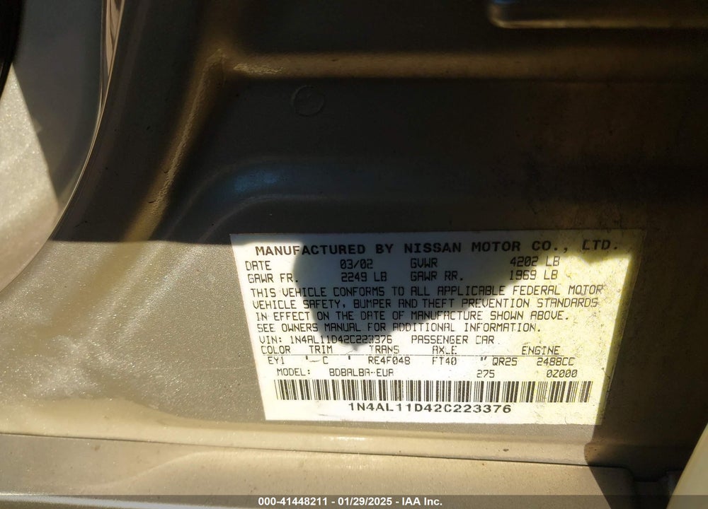 2002 NISSAN ALTIMA 2.5 S VIN: 1N4AL11D42C223376