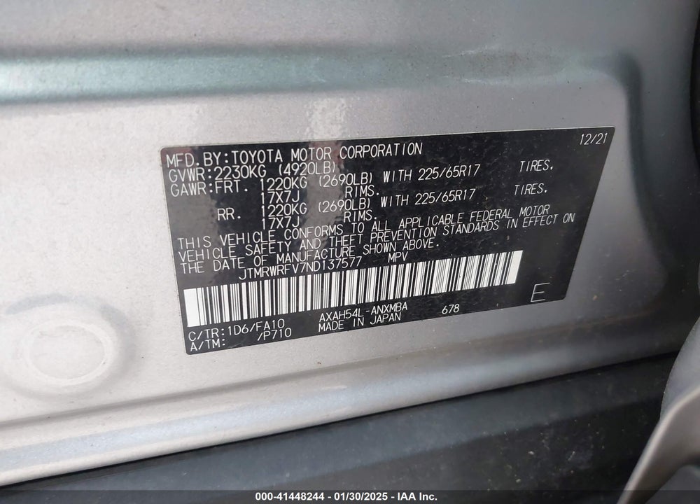 2022 TOYOTA RAV4 HYBRID XLE VIN: JTMRWRFV7ND137577