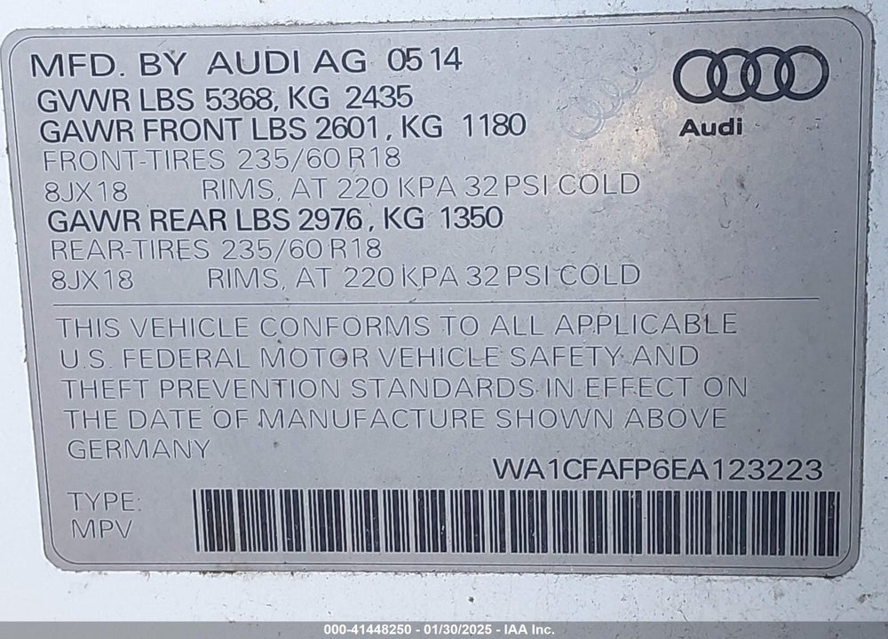 2014 AUDI Q5 2.0T PREMIUM VIN: WA1CFAFP6EA123223