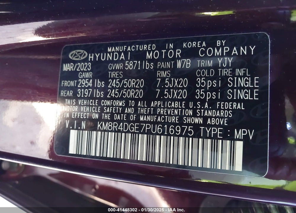 2023 HYUNDAI PALISADE VIN: KM8R4DGE7PU616975
