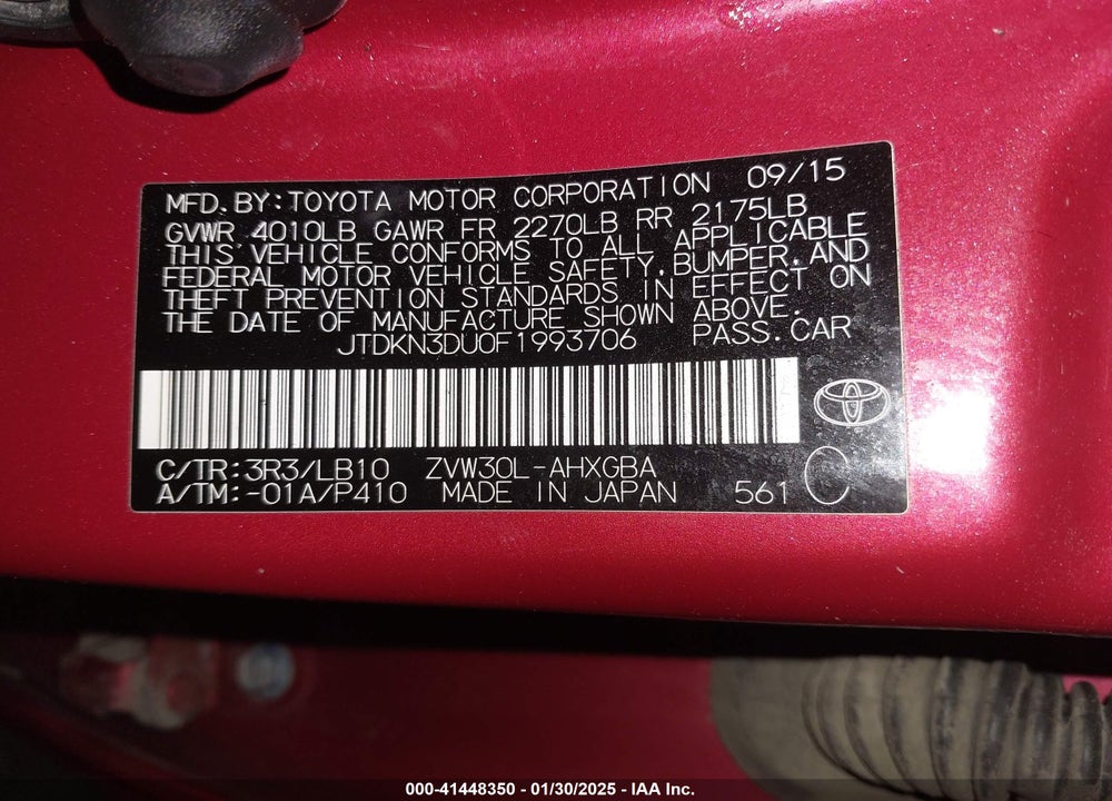 2015 TOYOTA PRIUS VIN: JTDKN3DU0F1993706