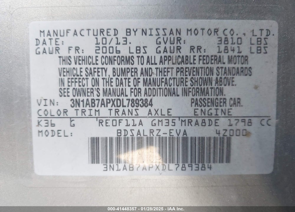2013 NISSAN SENTRA VIN: 3N1AB7APXDL789384