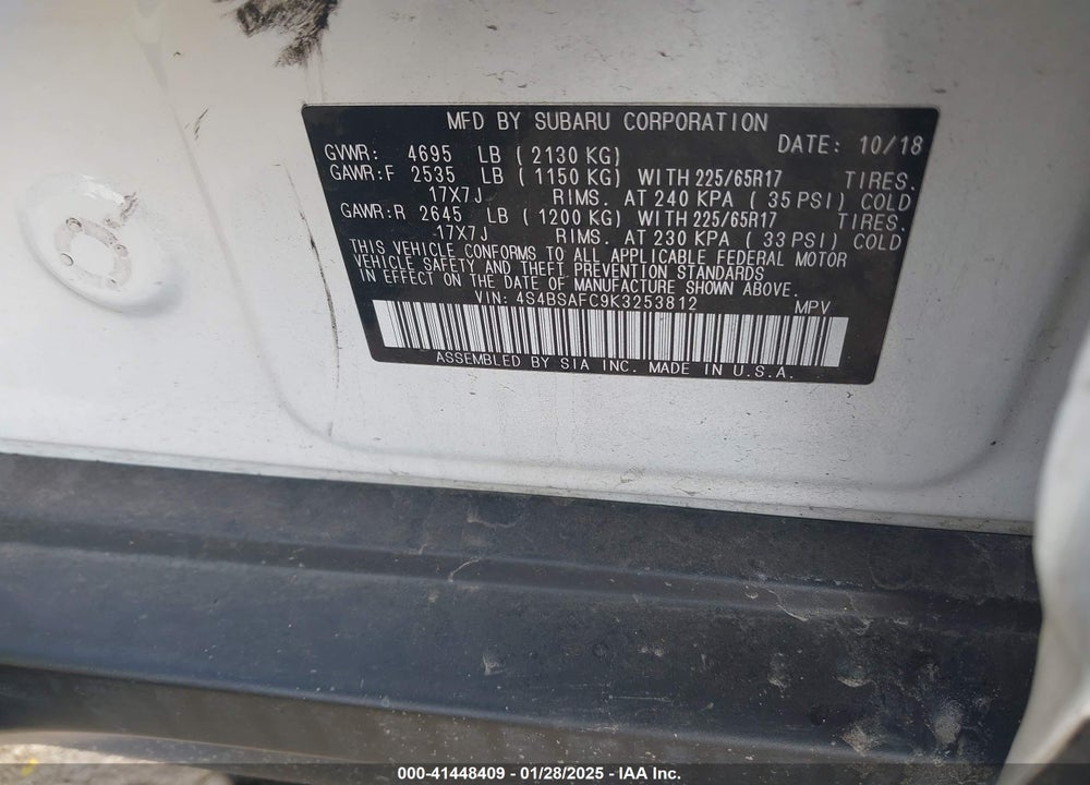 2019 SUBARU OUTBACK 2.5I PREMIUM VIN: 4S4BSAFC9K3253812