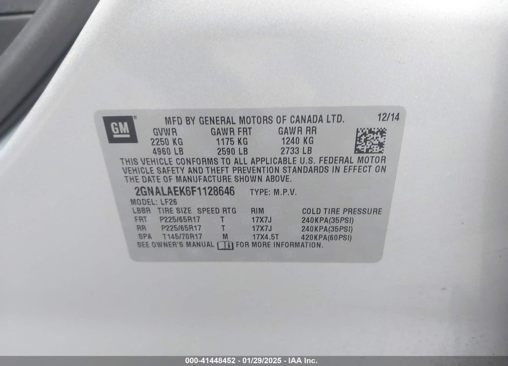 2015 CHEVROLET EQUINOX LS VIN: 2GNALAEK6F1128646