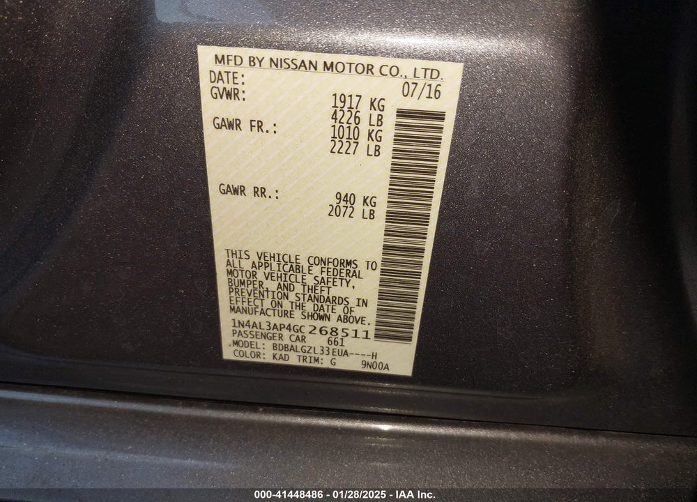 2016 NISSAN ALTIMA VIN: 1N4AL3AP4GC268511