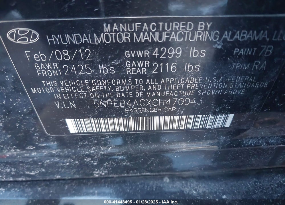 2012 HYUNDAI SONATA VIN: 5NPEB4ACXCH470043