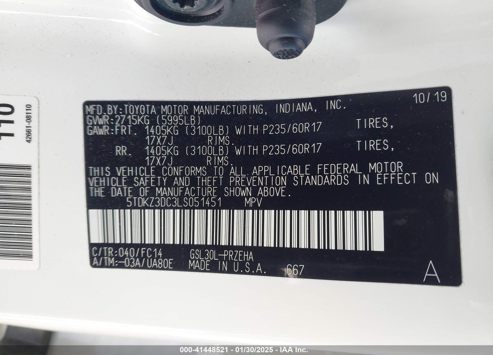 2020 TOYOTA SIENNA LE VIN: 5TDKZ3DC3LS051451