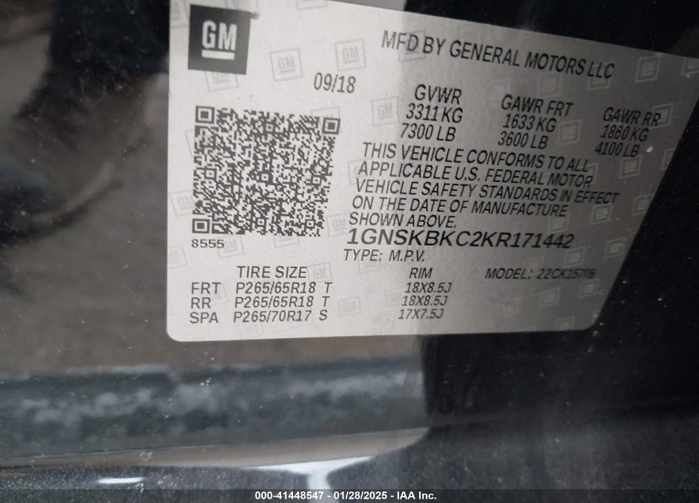 2019 CHEVROLET TAHOE VIN: 1GNSKBKC2KR171442