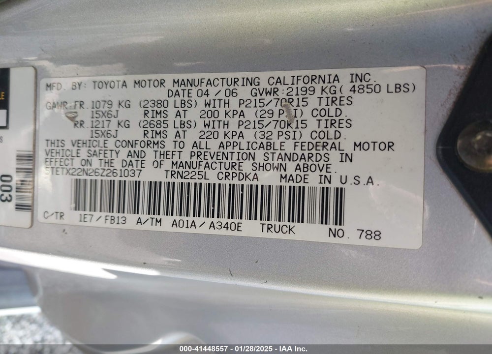 2006 TOYOTA TACOMA VIN: 5TETX22N26Z261037