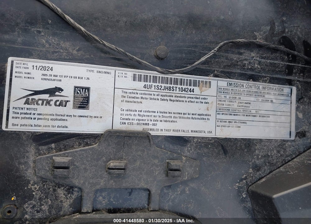 2025 ARCTIC CAT ZR 8000 VIN: 4UF1S2JH8ST104244