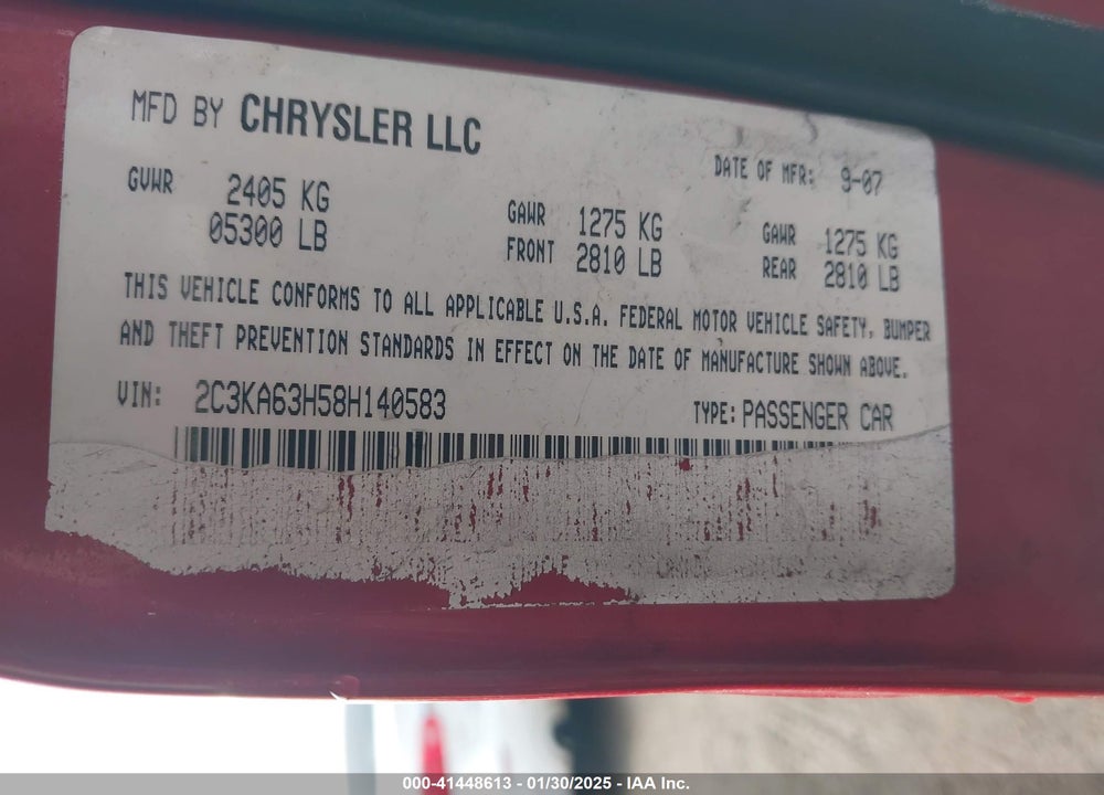 2008 CHRYSLER 300C VIN: 2C3KA63H58H140583