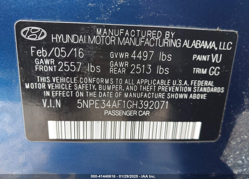 2016 HYUNDAI SONATA VIN: 5NPE34AF1GH392071