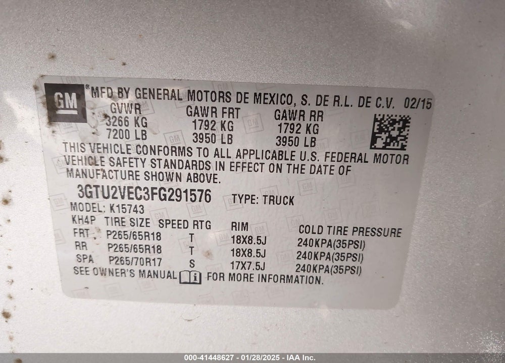 2015 GMC SIERRA 1500 SLT VIN: 3GTU2VEC3FG291576