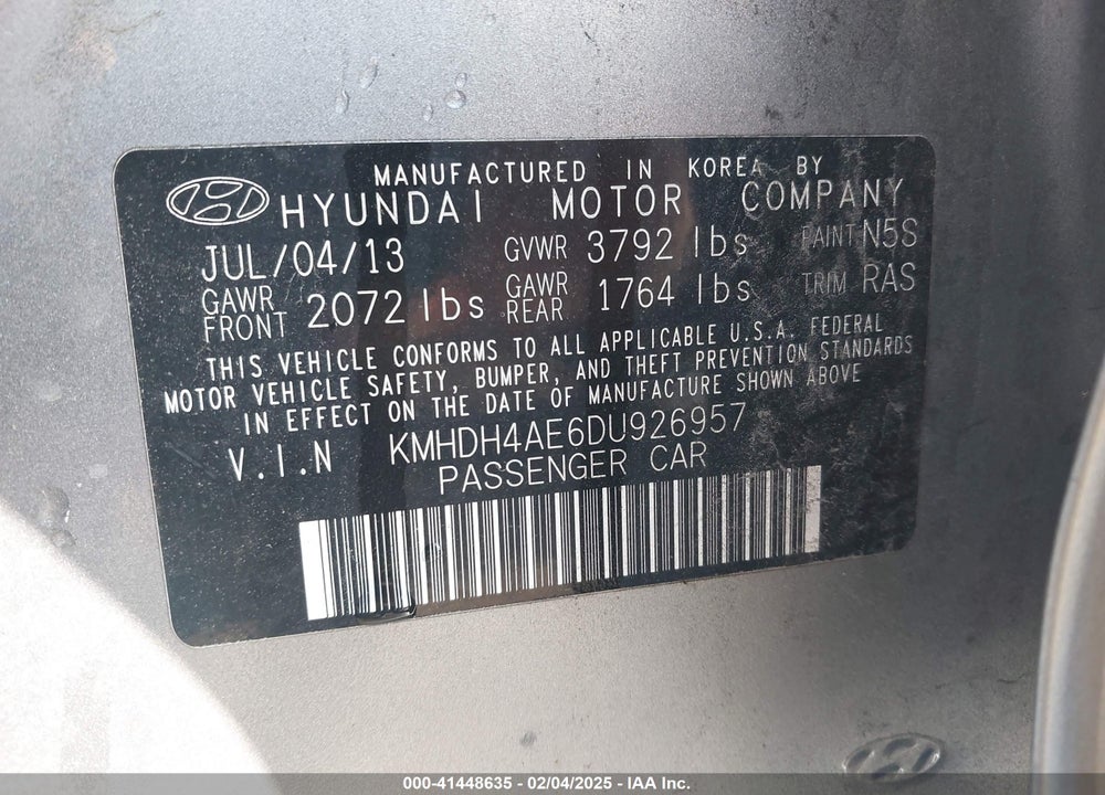 2013 HYUNDAI ELANTRA VIN: KMHDH4AE6DU926957