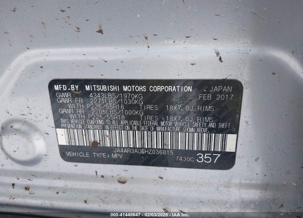 2017 MITSUBISHI OUTLANDER SPORT 2.0 ES/2.0 LE VIN: JA4AR3AU5HZ036815