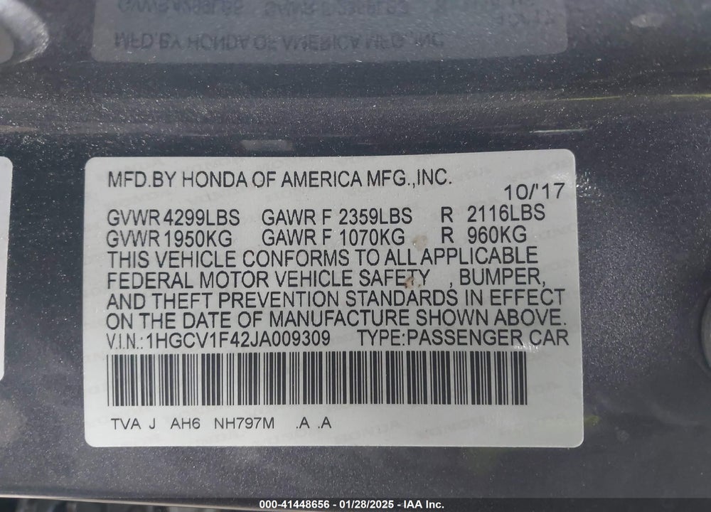 2018 HONDA ACCORD VIN: 1HGCV1F42JA009309