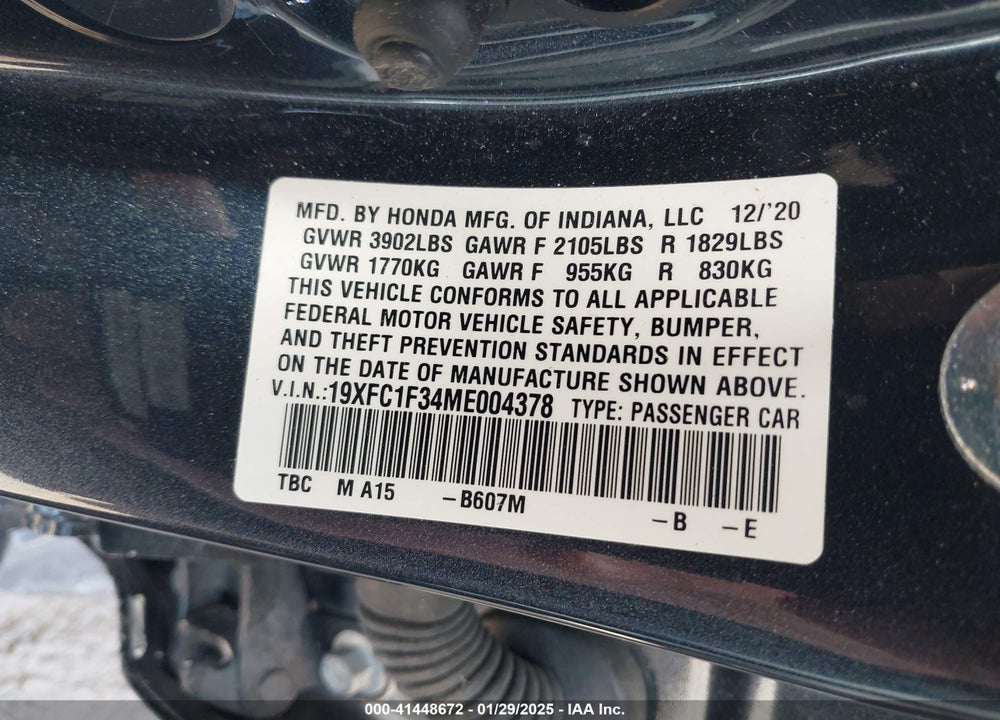 2021 HONDA CIVIC VIN: 19XFC1F34ME004378