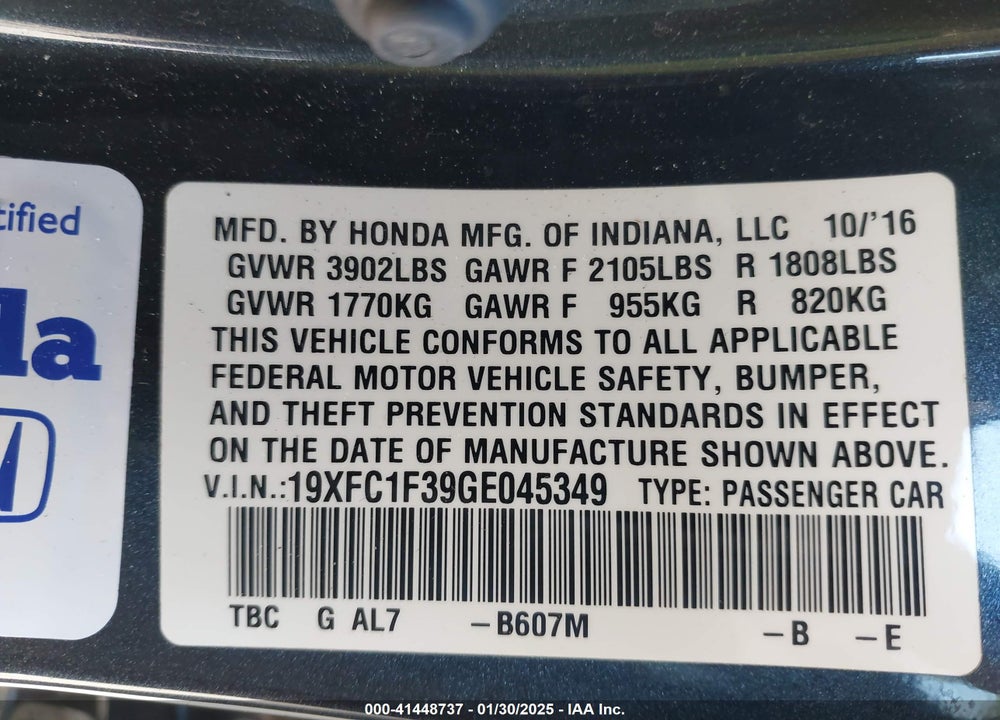 2016 HONDA CIVIC VIN: 19XFC1F39GE045349