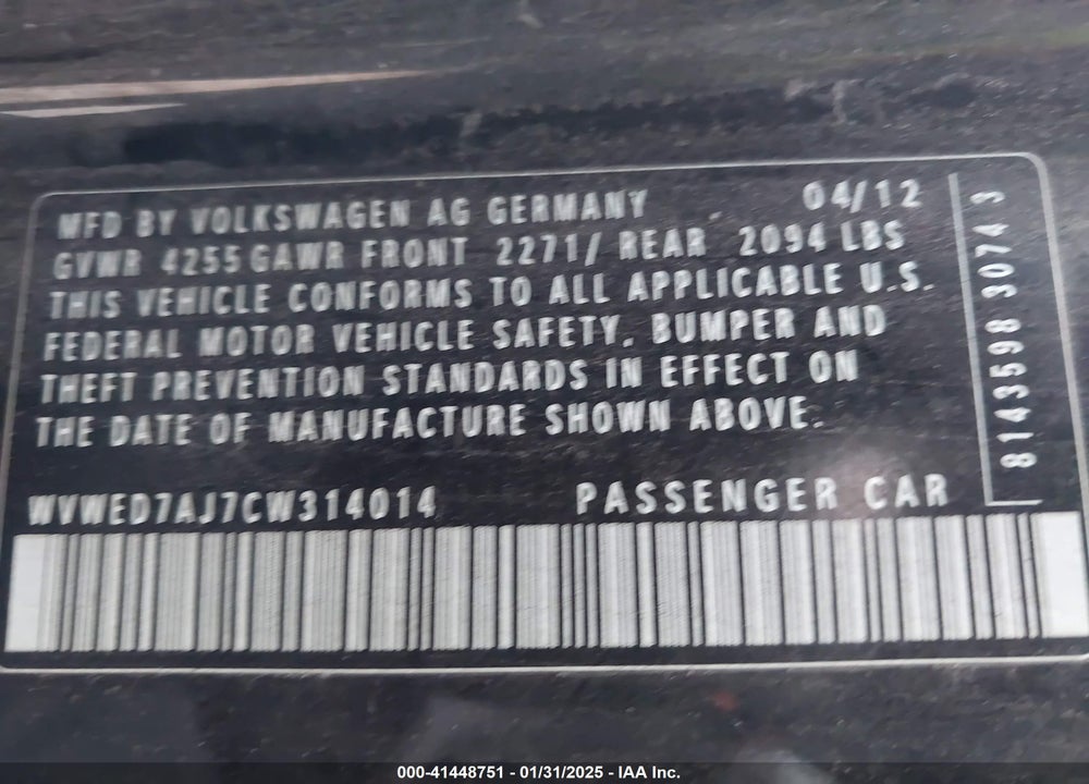 2012 VOLKSWAGEN GTI VIN: WVWED7AJ7CW314014