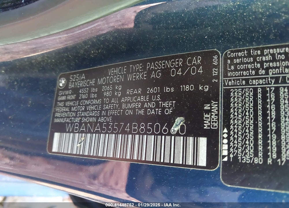 2004 BMW 525I VIN: WBANA53574B850660