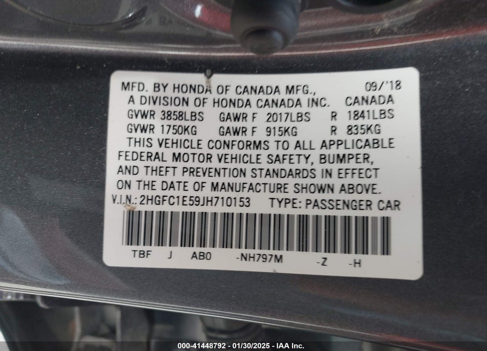 2018 HONDA CIVIC VIN: 2HGFC1E59JH710153