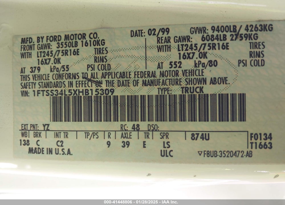 1999 FORD E-350 SUPER DUTY COMMERCIAL/RECREATIONAL VIN: 1FTSS34L5XHB15309