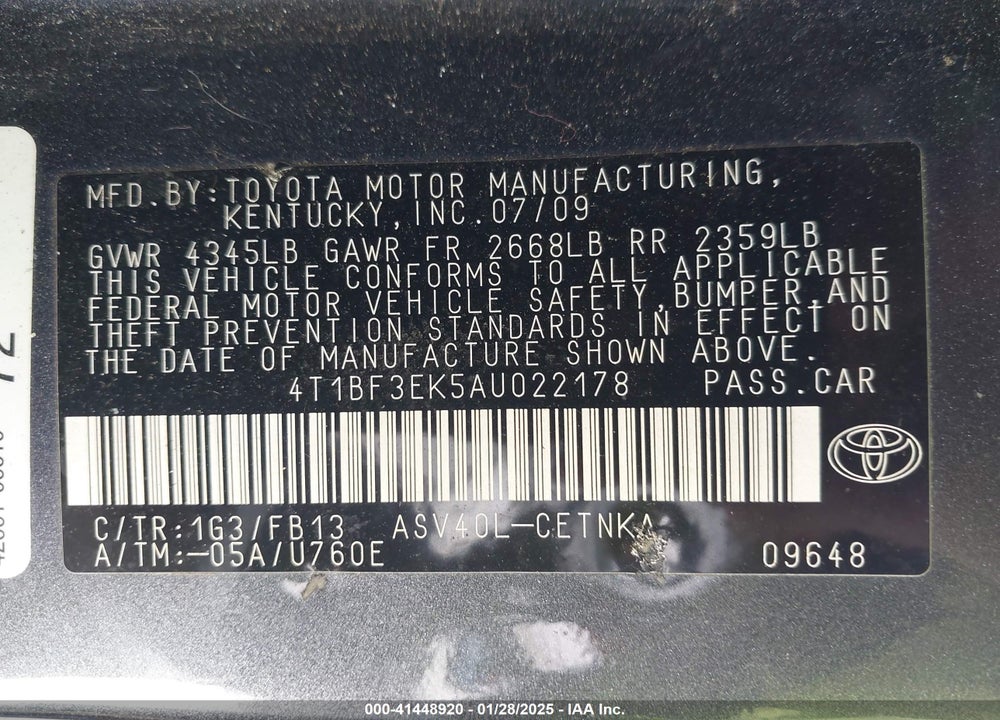 2010 TOYOTA CAMRY LE VIN: 4T1BF3EK5AU022178