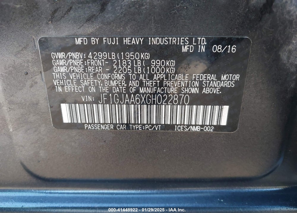 2016 SUBARU IMPREZA VIN: JF1GJAA6XGH022870