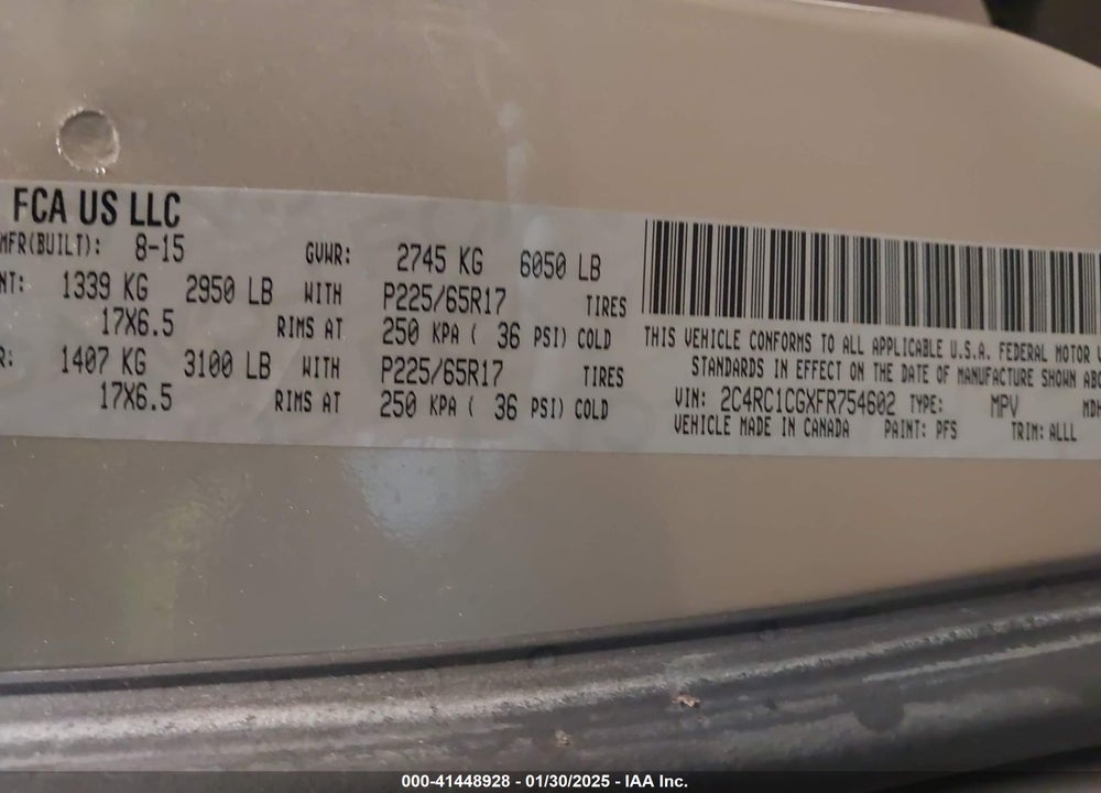 2015 CHRYSLER TOWN & COUNTRY TOURING-L VIN: 2C4RC1CGXFR754602