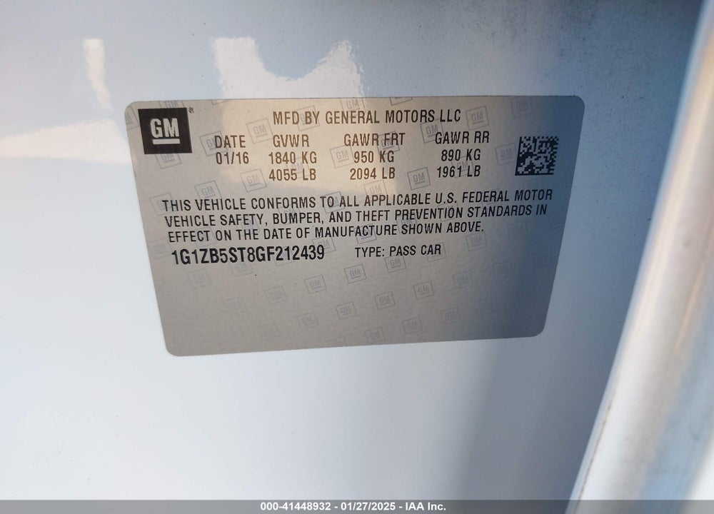 2016 CHEVROLET MALIBU VIN: 1G1ZB5ST8GF212439