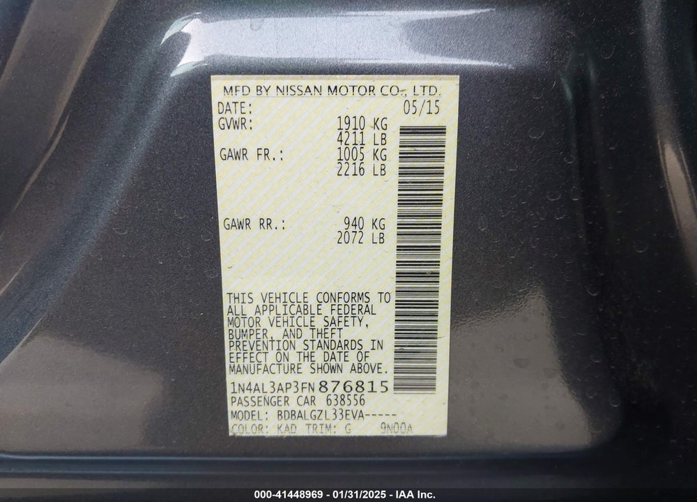2015 NISSAN ALTIMA VIN: 1N4AL3AP3FN876815