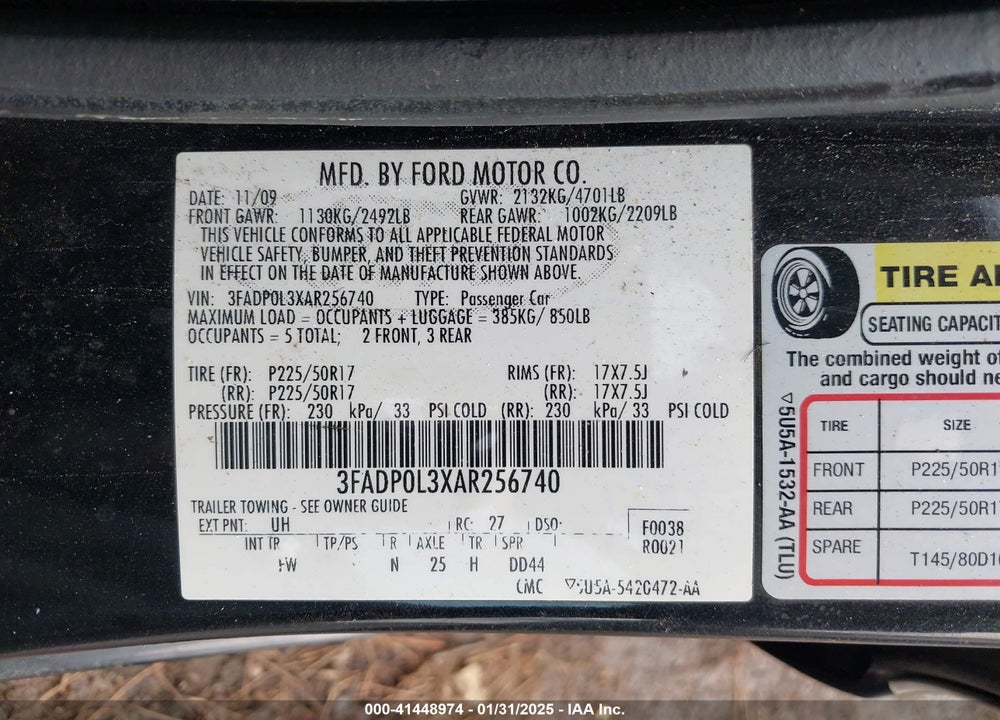 2010 FORD FUSION VIN: 3FADP0L3XAR256740