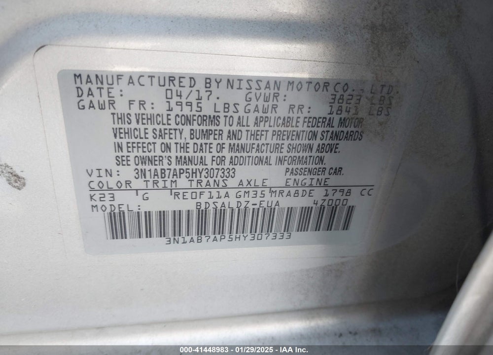 2017 NISSAN SENTRA VIN: 3N1AB7AP5HY307333
