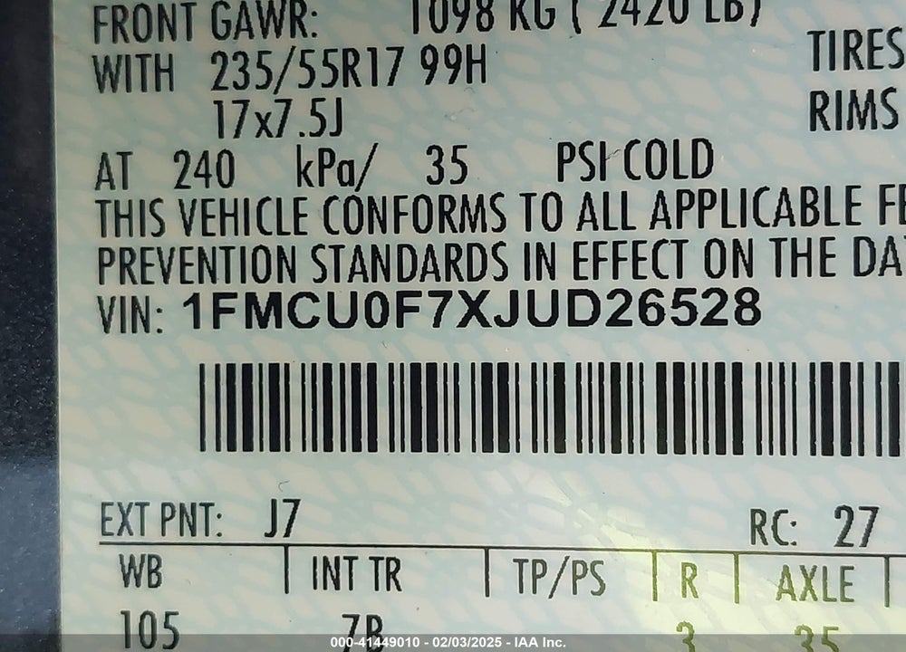 2018 FORD ESCAPE VIN: 1FMCU0F7XJUD26528