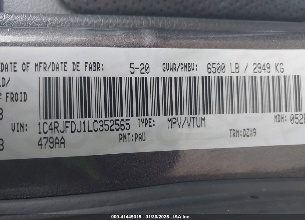 2020 JEEP GRAND CHEROKEE VIN: 1C4RJFDJ1LC352565